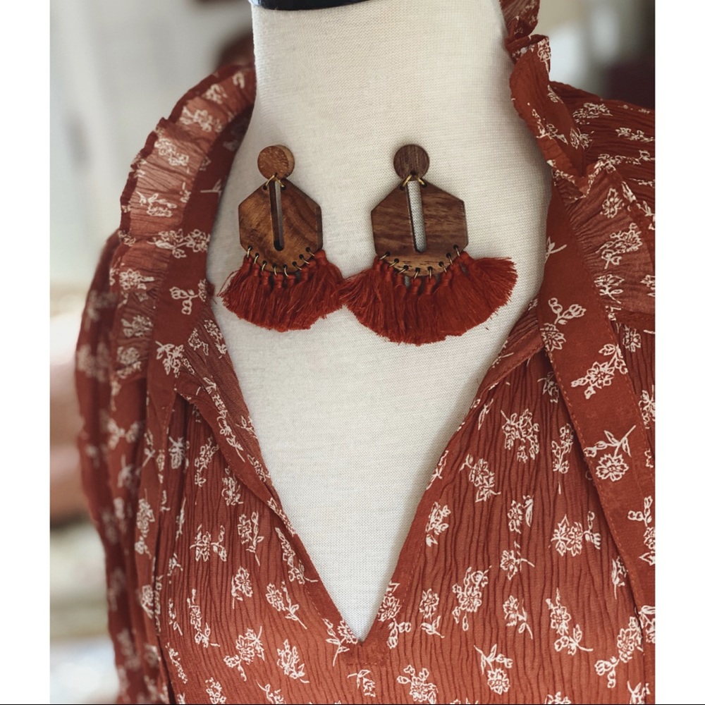 Wood and Fringe Statement Earring